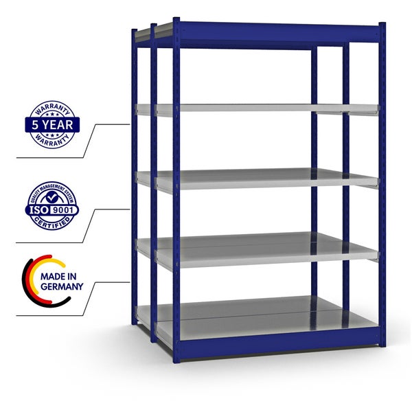 PROREGAL Fachbodenregal Stecksystem Vierkant-Profil Grundregal HxBxT 200 x 132,5 x 50 cm 2x5 Ebenen Doppelseitige Bauart Fachlast 200 kg Enzianblau