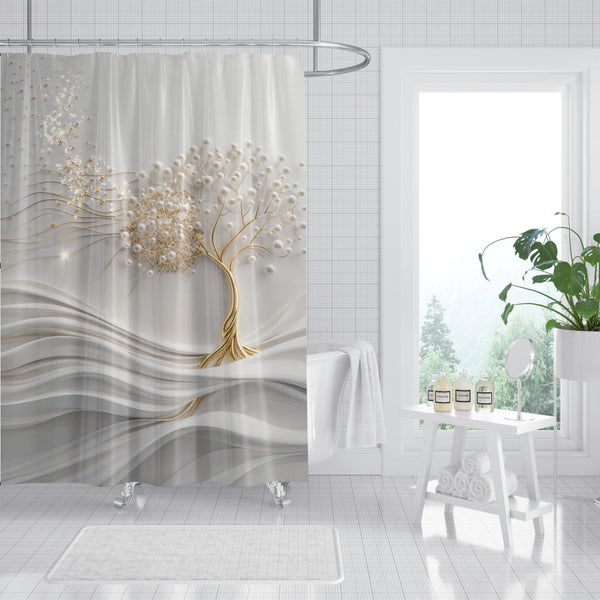 Duschvorhang mit abstraktem Lebensbaum Motiv in einem modernen Badezimmer mit Badewanne, Beistelltisch, Pflanzen und Fenster.