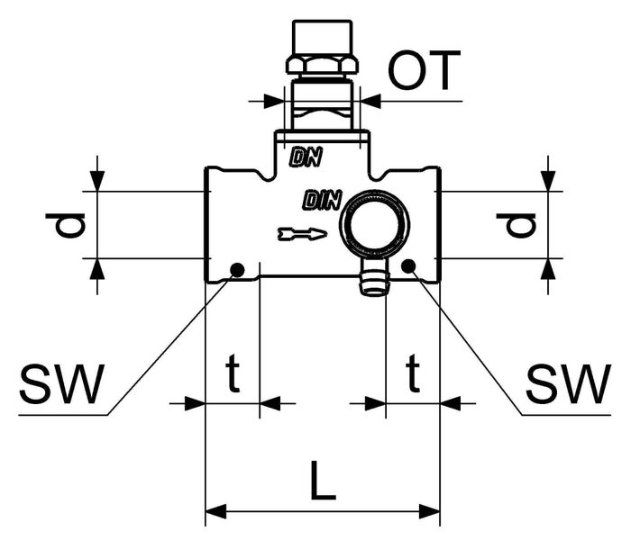 Technische Zeichnung einer Armatur mit Maßangaben für Durchmesser, Länge und Anschlussmaße.