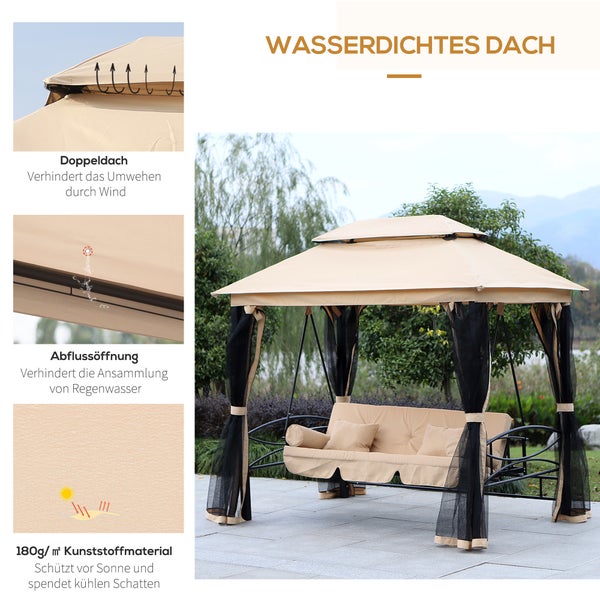 Outsunny Hollywoodschaukel Gartenschaukel Schaukel mit Seitenwänden 3-Sitzer Beige 256 x 172 x 248 cm