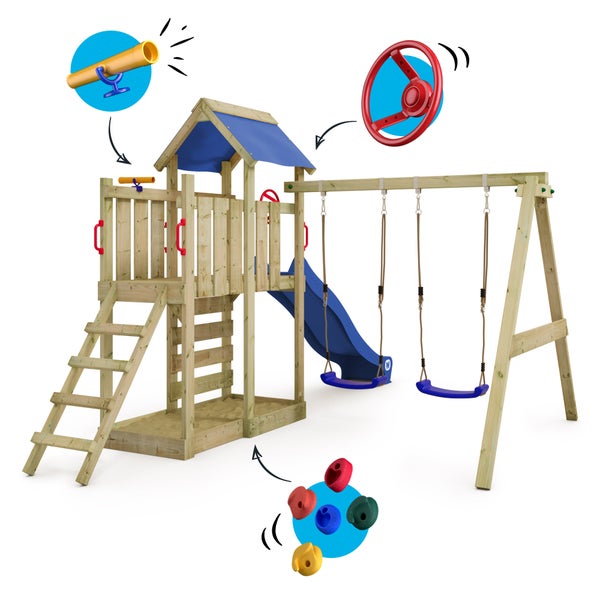 WICKEY Spielturm Klettergerüst MultiFlyer mit Schaukel und Rutsche, Kletterturm mit Sandkasten, Leiter und Spiel-Zubehör - blau