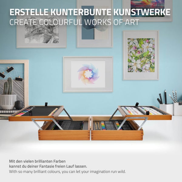 ECD Germany 127-Teiliges Malset mit Holzkoffer, Malkoffer für Kinder, XXL Malkasten, Kunst- und Zeichenset, Acrylfarben Aquarellfarben Buntstifte Pastellstifte Fineliner Bleistifte Pastell & Zubehör