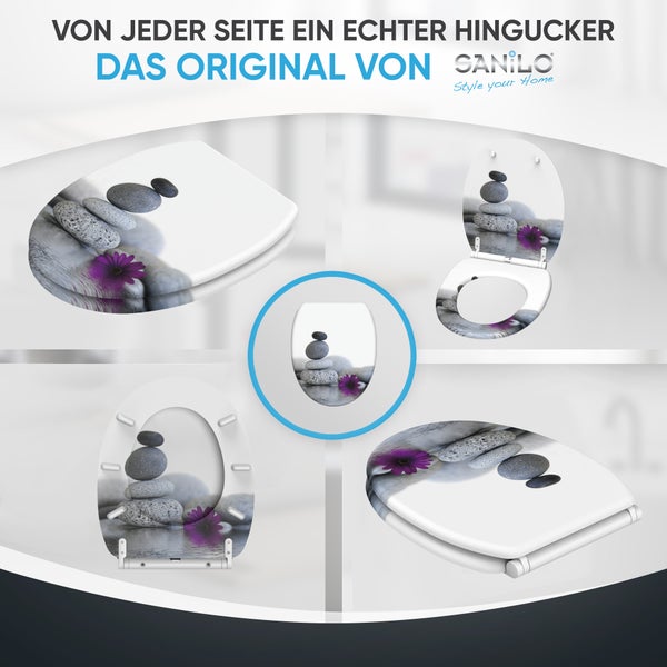 Sanilo WC-Sitz mit Steinstapel- und Blumen-Motiv, verschiedene Ansichten im geschlossenen und geöffneten Zustand, Sanilo Logo.