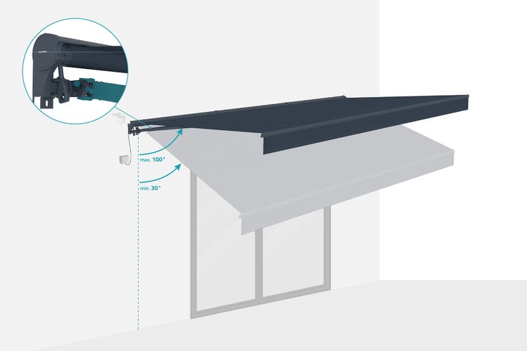 Ansicht einer Markise mit Angabe des Neigungswinkels
