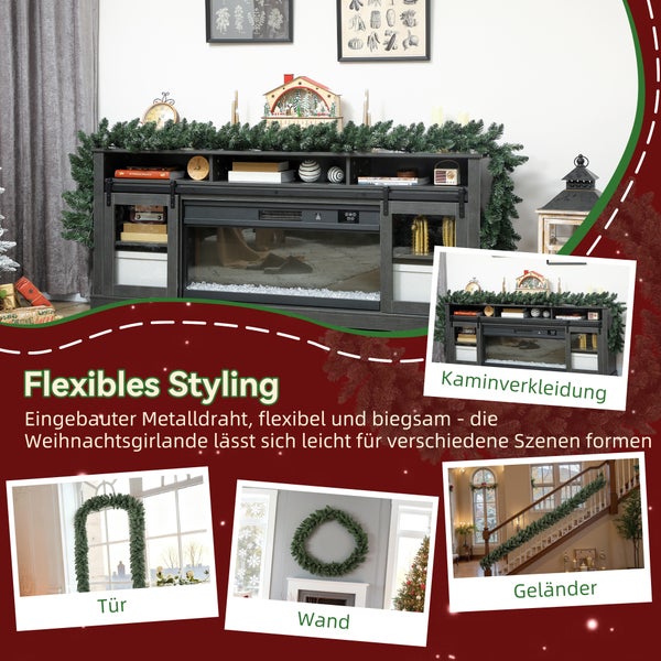 Flexible künstliche Tannengirlande in verschiedenen Dekorszenen: am Kamin, um eine Tür, als Wandkranz und am Treppengeländer.