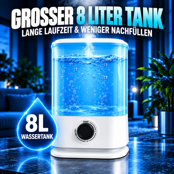 Luftbefeuchter mit einem 8 Liter Wassertank und einem Drehregler zur Einstellung der Intensität in einem modern eingerichteten Raum.