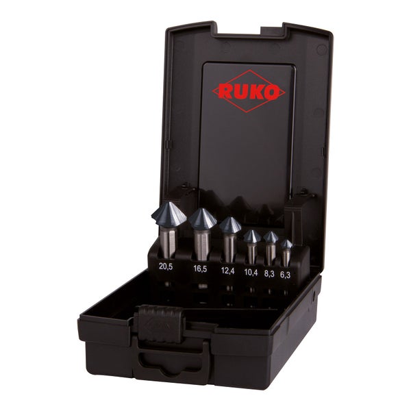 Ruko Logo. 6-teiliger Kegelsenker-Satz in einer schwarzen Kunststoffkassette, Größen 6,3 bis 20,5.