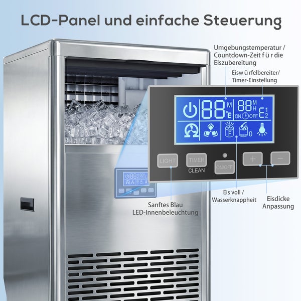 Edelstahl Eiswürfelbereiter mit LCD-Panel, blauem Display und LED-Innenbeleuchtung. Bedienelemente für Timer, Reinigung und Eisdicke.