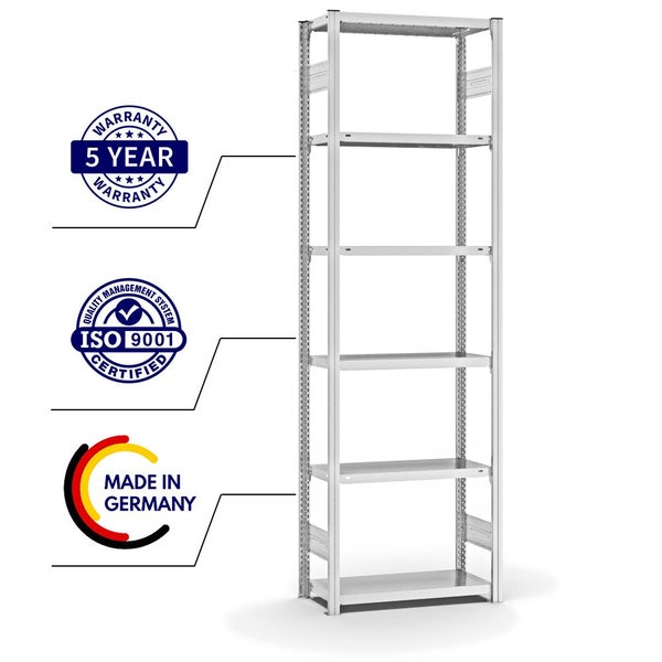 PROREGAL Fachbodenregal Stecksystem T-Profil Light-Duty Grundregal HxBxT 250 x 75 x 30 cm 6 Ebenen Fachlast 150 kg Beidseitig Nutzbar Lichtgrau