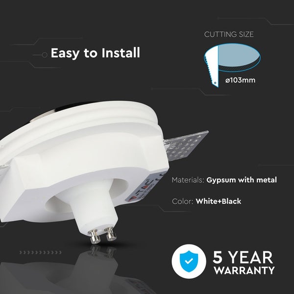 Einfach zu montierender Einbaustrahler aus Gips und Metall, 103 Millimeter Lochmaß, 5 Jahre Garantie.
