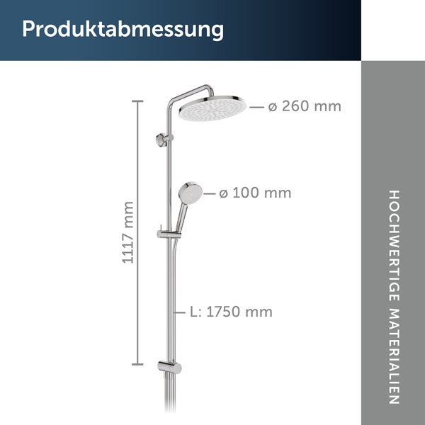 Produktabmessung eines Duschsystems mit den Maßen: 1117 mm Höhe, Kopfbrause mit 260 mm Durchmesser, Handbrause mit 100 mm Durchmesser und Schlauchlänge 1750 mm