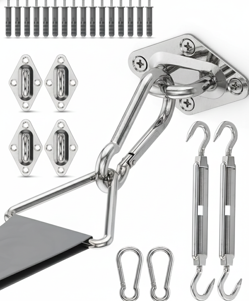 Befestigungsset für Sonnensegel aus Edelstahl mit Wandhaken, Karabinerhaken, Spannschlössern, Schrauben und Dübeln für die Montage.