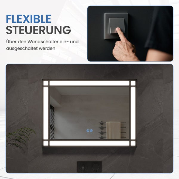 Rechteckiger LED Badezimmerspiegel mit indirekter Beleuchtung und Bedienung über Wandschalter oder Touch Sensor am Spiegel.