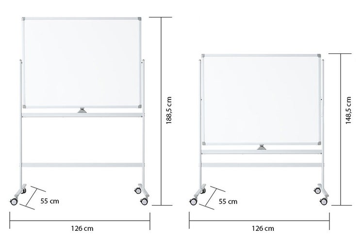 Mobiles Whiteboard mit Rollen, Maße: Breite 126 Zentimeter, Tiefe 55 Zentimeter, Höhe verstellbar von 148,5 bis 188,5 Zentimeter.