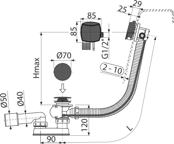 Technische Zeichnung einer Ab- und Überlaufgarnitur für Badewannen mit Maßangaben in Millimetern.