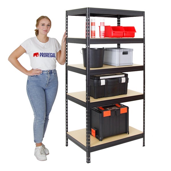 PROREGAL Schwerlastregal Rivet HxBxT 180 x 90 x 60 cm Fachlast 250 kg Innovatives Stecksystem Schwarz