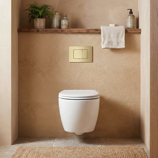 Modernes Badezimmer mit Wand-WC, Spültaste, Holzregal und Dekoration