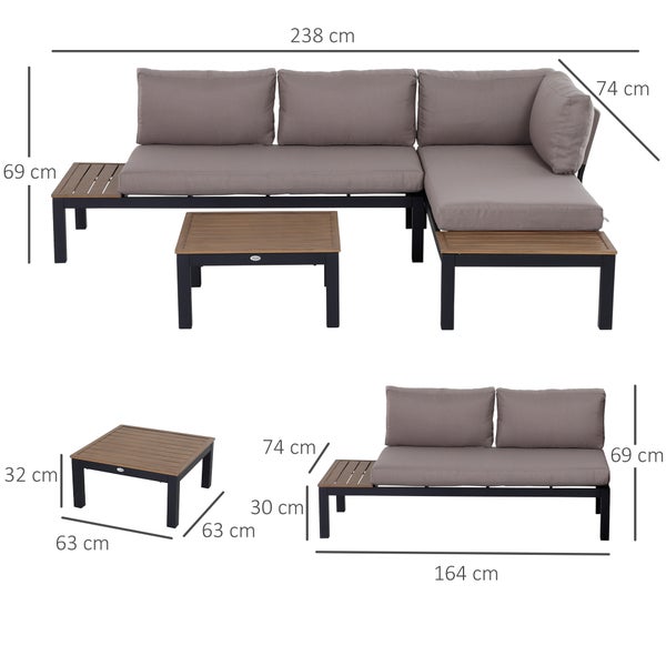 Outsunny 3-teiliges Gartenmöbel-Set mit Beistelltisch, Sofa mit Kissen, Outdoor, Aluminium, 164 x 74 x 69 cm