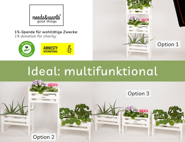 needs&wants® 3-fach multifunktional: Pflanzenständer Blumenständer aus Holz wetterfest für Indoor Outdoor Balkon Garten draußen innen Wand, Pflanzenregal Blumentreppe, z.B. 51 x 23 x 122 cm hoch, weiß