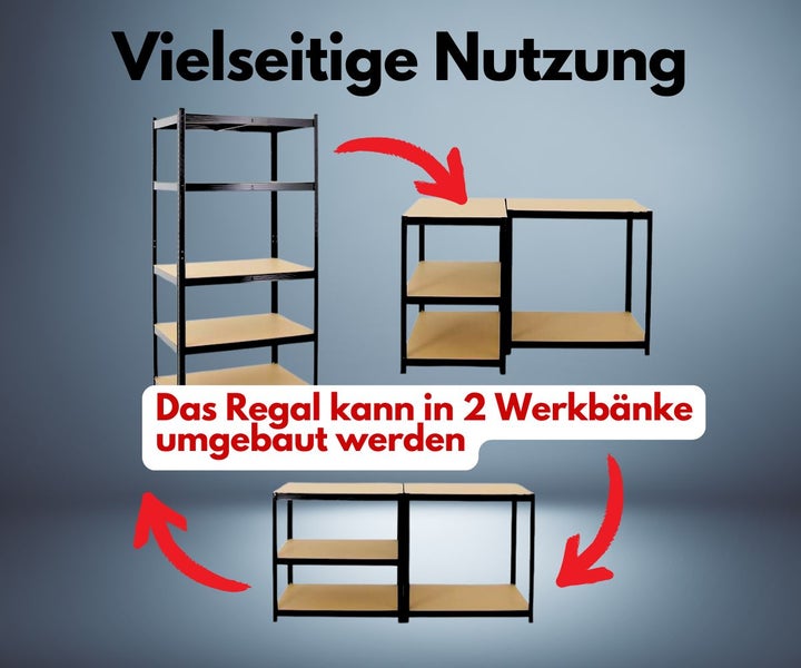 Schwerlastregal aus Metall, das für eine vielseitige Nutzung in zwei Werkbänke umgebaut werden kann.