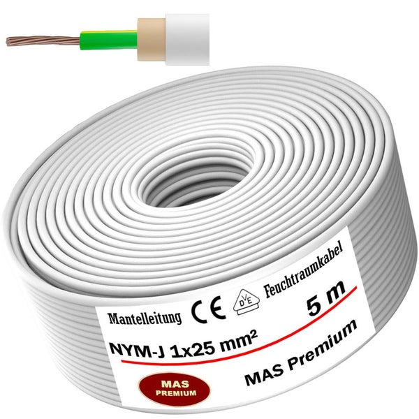 Mantelleitung NYM-J 1 mal 25 Quadratmillimeter, 5 Meter Rolle, Feuchtraumkabel von MAS Premium.