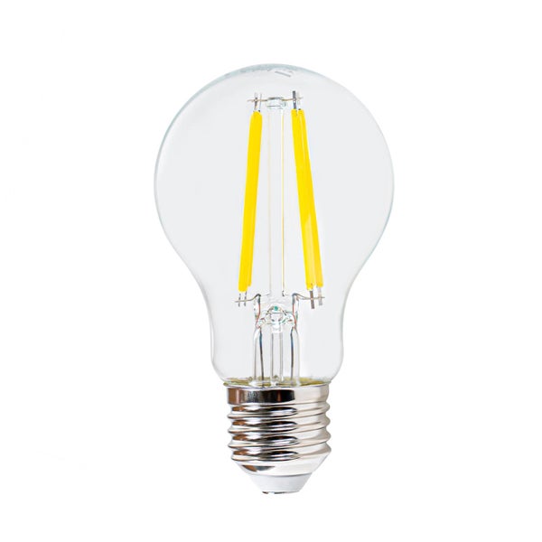 LED-Filament-Leuchtmittel in Birnenform A60 mit E27-Sockel aus Klarglas.