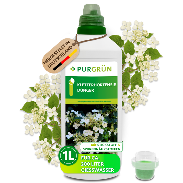 Infografik für Purgrün Dünger mit Details zu Spurennährstoffen, Stickstoff für das Blattwachstum und Kalium zum Schutz der Blüten. Purgrün Logo.