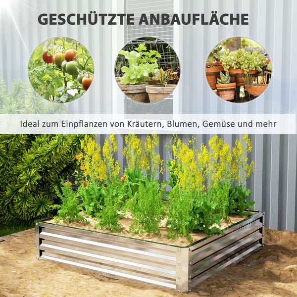 Outsunny Hochbeet, Blumenkasten, Gemüsebeet, Pflanzkasten, Kräuterbeet für Garten, Terrasse, Balkon, Stahl, Silber, 120 x 120 x 30 cm