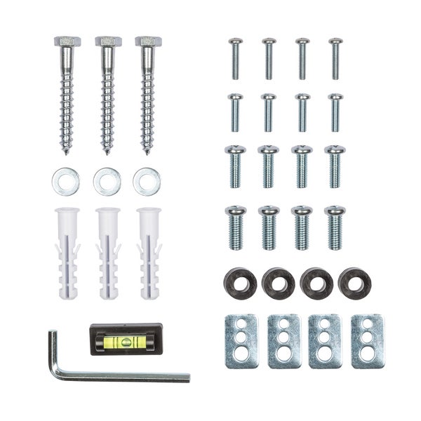 Montageset mit Schrauben, Dübeln, Unterlegscheiben, Abstandshaltern, Metallplatten, Inbusschlüssel und einer kleinen Wasserwaage.
