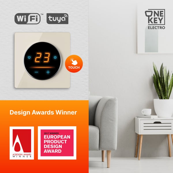 Intelligenter Raumthermostat mit Touchscreen, WLAN-Funktion und Designauszeichnungen in einem Wohnzimmer