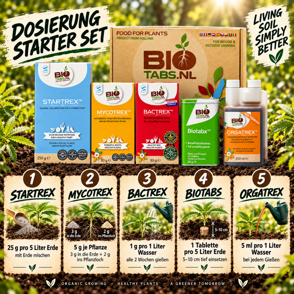 BioTabs Starter Set zur organischen Düngung mit Startrex, Mycotrex, Bactrex, Biotab Tabletten und Orgatrex für Pflanzen im Innen und Außenbereich.