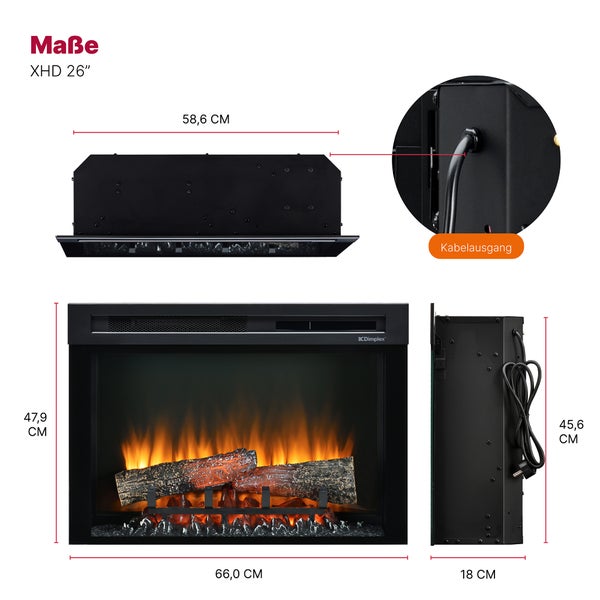Maße des elektrischen Kamins Dimplex XHD 26 Zoll: Breite 66 Zentimeter, Höhe 47,9 Zentimeter, Tiefe 18 Zentimeter und Kabelausgang.