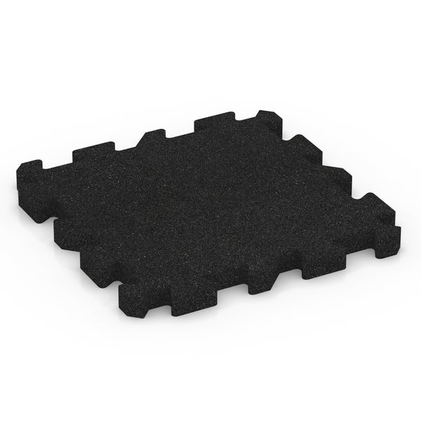 Schwarze Puzzlematte aus Gummi mit verzahnten Rändern für den Bodenschutz.