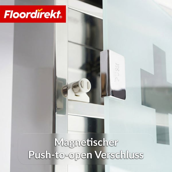Floordirekt Logo. Medizin-Wandschrank aus Edelstahl mit magnetischem Push-to-open-Verschluss und satinierter Glastür mit Kreuz-Symbol.