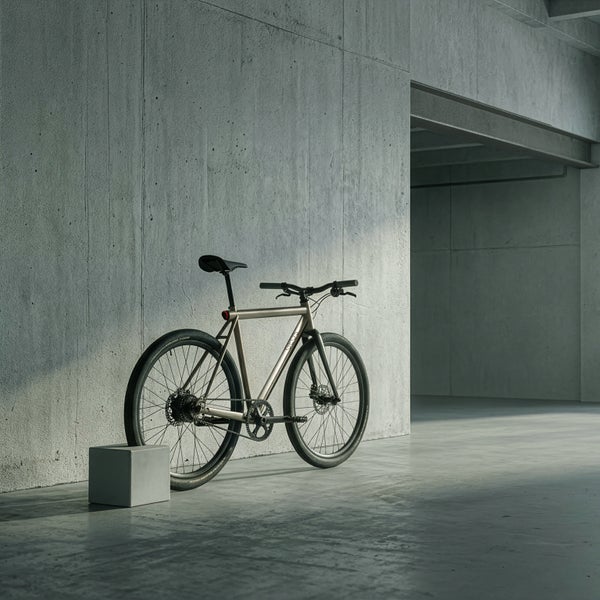 Urbanes E-Bike mit schmalem Rahmen, Scheibenbremsen und geradem Lenker in einem minimalistischen Industrieraum aus Beton.