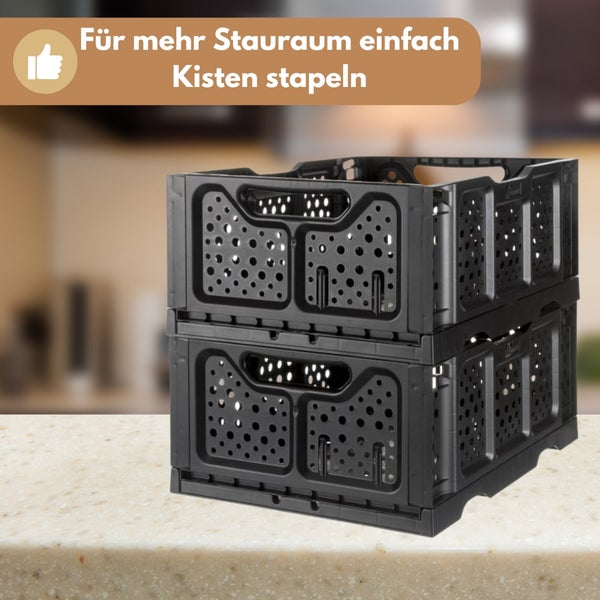Zwei gestapelte, faltbare Transportkisten aus Kunststoff für mehr Stauraum