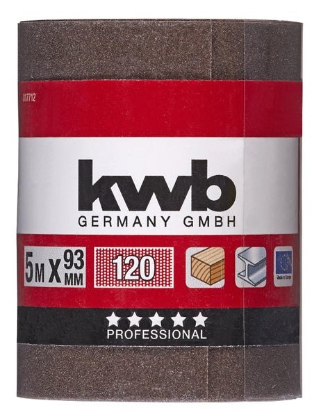 kwb Schleifpapier-Rolle K-120, 93 mm x 5 m, für Metall und Holz, Korund, geeignet für Hand- und Schwing-Schleifer