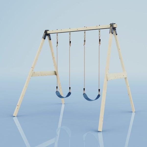 Doppelschaukelsatz aus hellem Holz mit zwei blauen flexiblen Sitzen, Seilen und stabiler A-Rahmen-Konstruktion.
