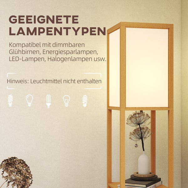 Holz-Stehlampe mit Regal und Stoffschirm. Kompatibel mit dimmbaren Glühbirnen, LED-, Halogen- und Energiesparlampen. Leuchtmittel nicht enthalten.