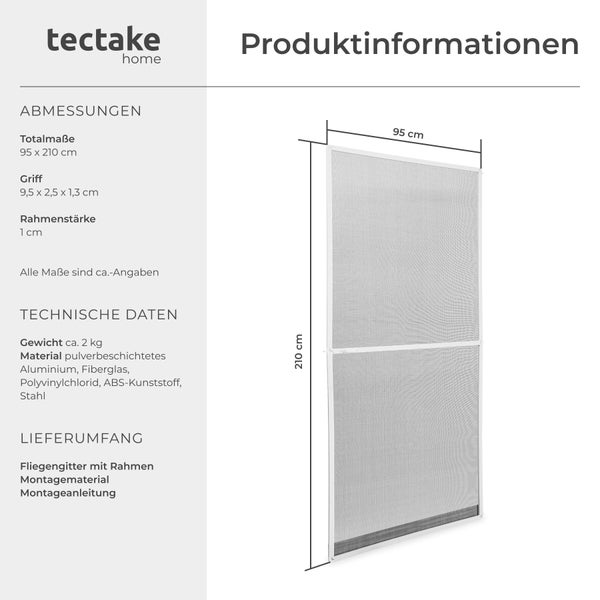 tectake home Logo. Fliegengitter mit Rahmen aus Aluminium und Fiberglas, Abmessungen 95 mal 210 Zentimeter, Rahmenstärke 1 Zentimeter.