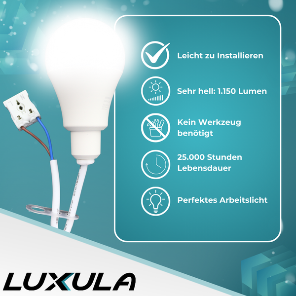 Luxula Lampe mit den Vorteilen einfache Installation, sehr hell mit 1150 Lumen, kein Werkzeug benötigt, 25000 Stunden Lebensdauer und perfektes Arbeitslicht