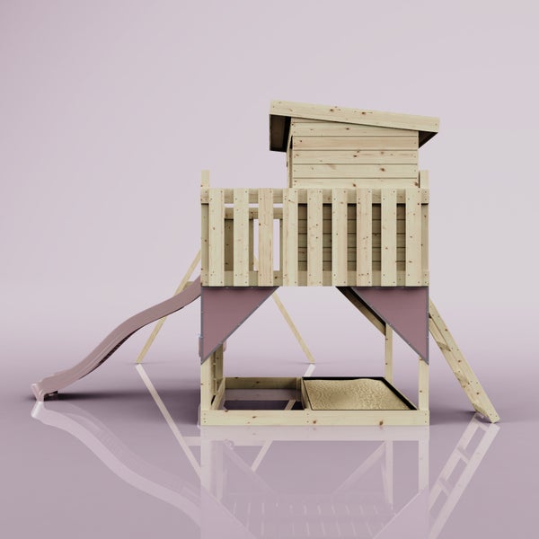 Spielturm aus Holz mit Spielhaus, Rutsche, Leiter und integriertem Sandkasten.