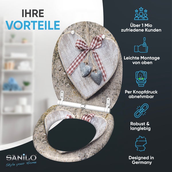 Sanilo WC-Sitz mit Herz-Motiv und Montage-Vorteilen, einfache Installation von oben und per Knopfdruck abnehmbar, robustes Material.
