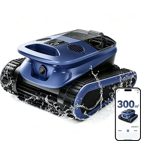 Blauer Poolroboter mit Kettenantrieb und App-Steuerung, geeignet für Flächen bis zu 300 Quadratmeter.