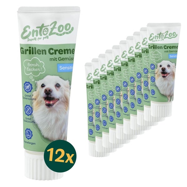 EntoZoo Grillen Creme mit Gemüse für Hunde als 12 Stück Vorratspackung, hypoallergen, ohne Zuckerzusatz und ohne Zusatzstoffe.