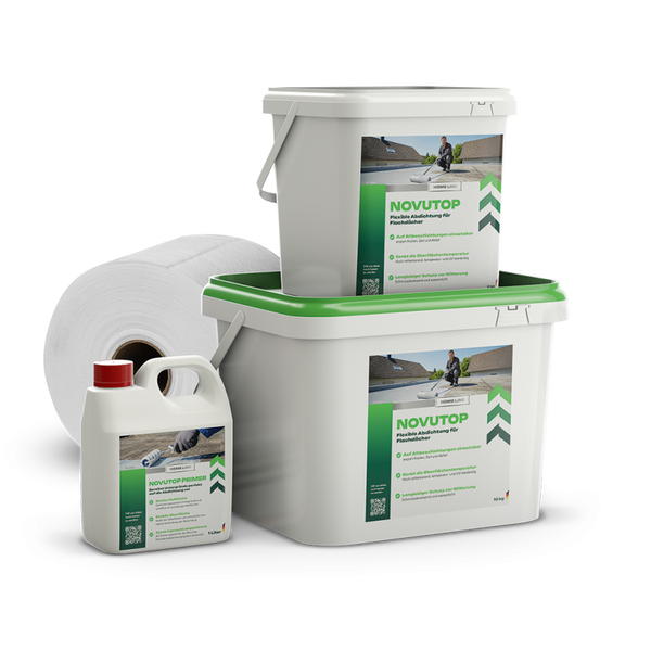 Novutop Set zur Flachdachabdichtung mit zwei Eimern Abdichtmasse, einem Kanister Primer und einer Rolle Armierungsvlies.