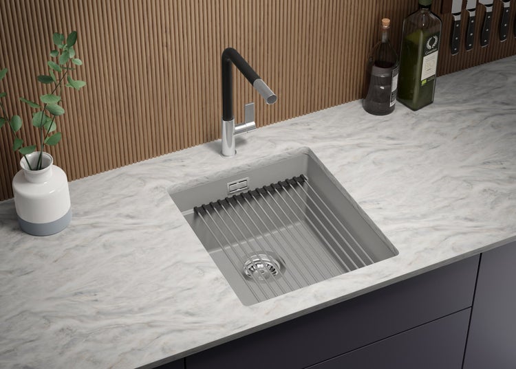 PRIMAGRAN Unterbauspüle Granit Grau 41x47cm, Spülbecken 1 Becken + Ablauf-Set + Aufrollbare Abtropffläche, Granitspüle ab 45er Unterschrank - Praga