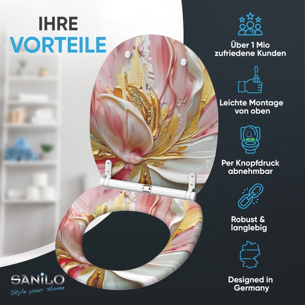 Sanilo WC Sitz mit Blumendekor und Vorteilsanzeige mit Symbolen fuer Montage und Langlebigkeit