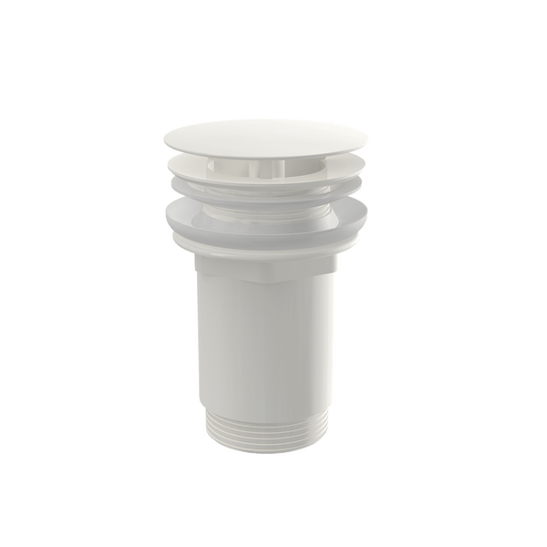 Weißes Universal-Ablaufventil für Waschbecken mit runder Abdeckkappe und Dichtungsringen.