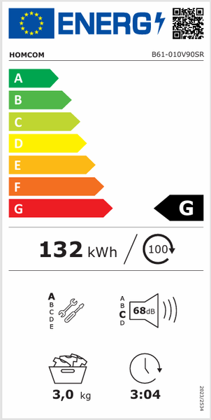 EU Energieeffizienzlabel für HOMCOM Modell B61-010V90SR, Energieeffizienzklasse G, 132 Kilowattstunden pro 100 Zyklen, 68 Dezibel Lautstärke.